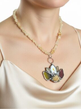 Citrine & Sea Glass Pendant - Broken China &  Vintage 90s Citrine Chip Necklace